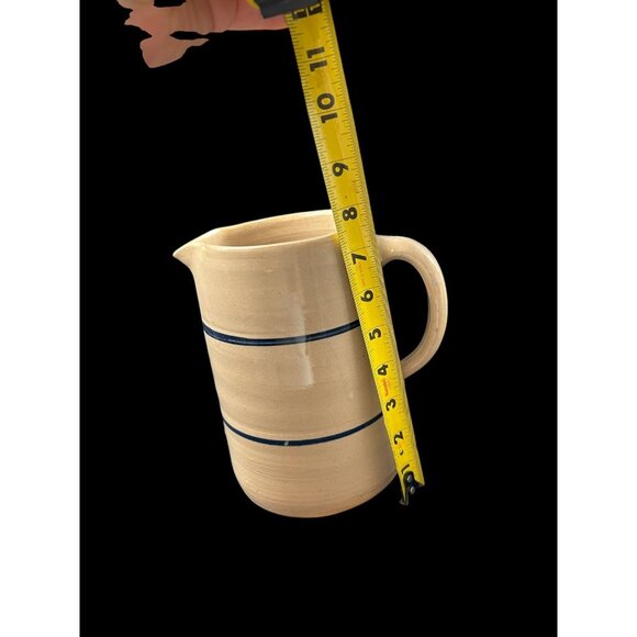 Vintage Salt Glaze Cobalt Blue Stripe Pottery Pitcher 7.75" Hand Thrown - Picture 10 of 14